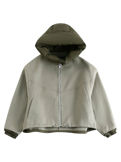 Detachable Hooded Patchwork Jacket Woman Long Sleeve Drawstring Hem Loose Coat Spring Color Simple Outerwear Top