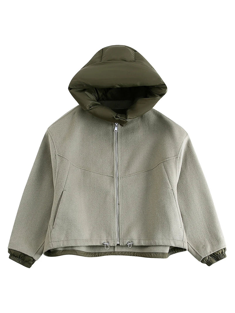 Detachable Hooded Patchwork Jacket Woman Long Sleeve Drawstring Hem Loose Coat Spring Color Simple Outerwear Top