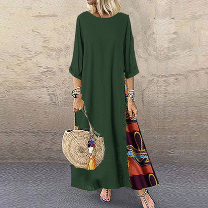 Cotton Linen Long Dresses Three Quarter Sleeves Splicing Print Loose A-line Dress Lady Maxi Vestido