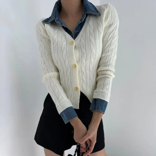 Contrast Color Denim Patchwork Longsleeved Cardigan Autumn New Polo Collar Multi Buttons Knitted Tops