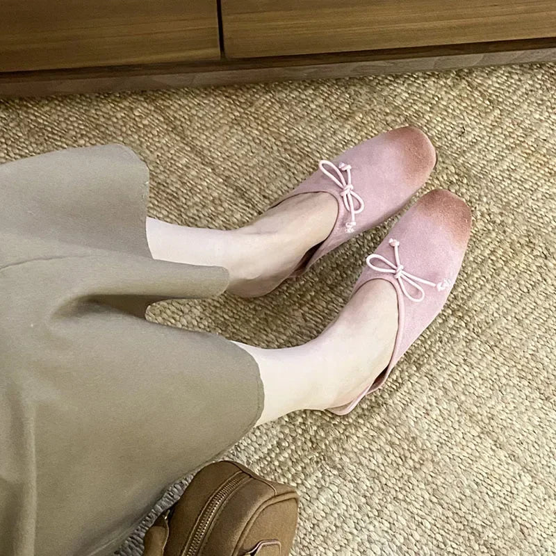 Mixed Color Bow Satin Square Toe Flat Slippers Comfortable Shallow Mule Shoes Zapatillas De Mujer