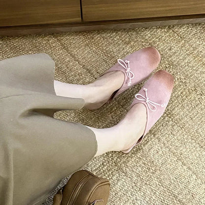 Mixed Color Bow Satin Square Toe Flat Slippers Comfortable Shallow Mule Shoes Zapatillas De Mujer