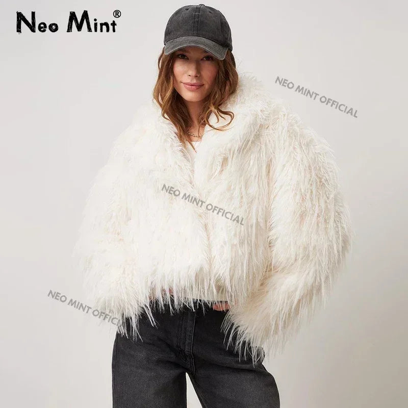 Winter Fluffy Faux Fur Coat Brand Tassels Furry Turkey Fur Jacket Loose Overcoat Outerwear