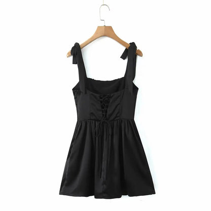 Pleated Design Tie-up Sleeveless Summer Dresses Color Slim Fit Mini Dress Simple Party Dress