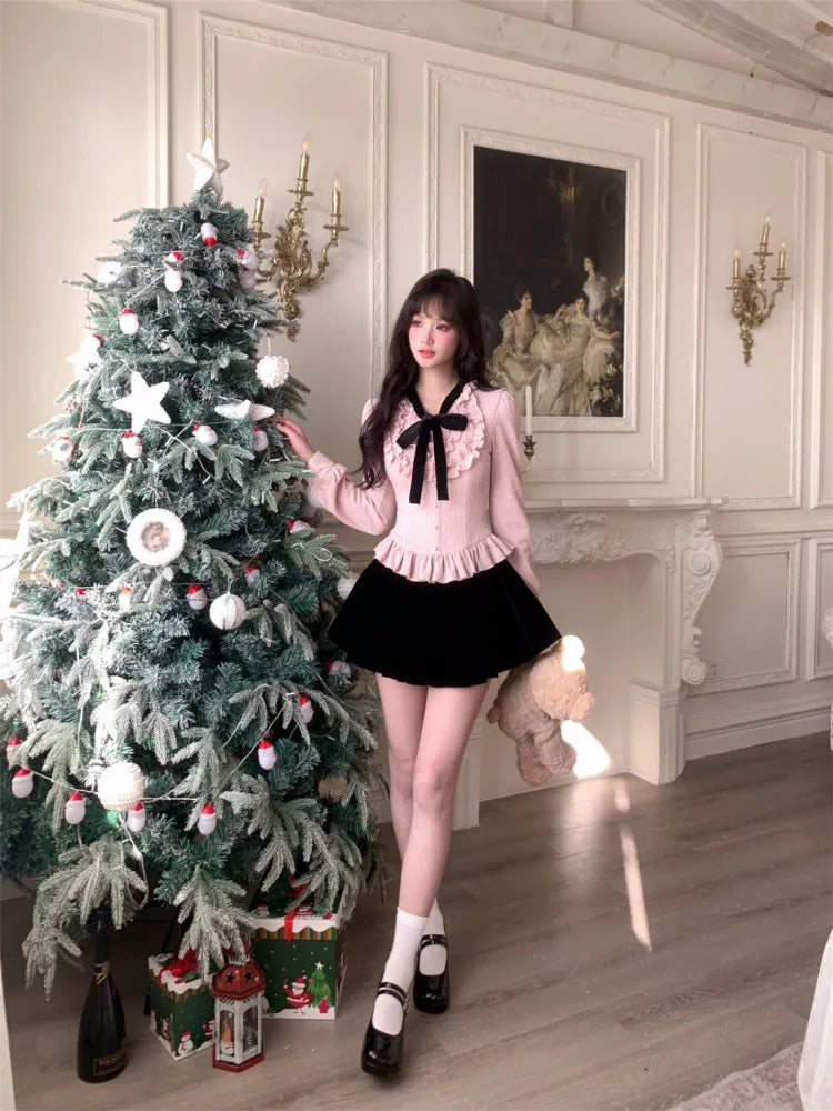 Shirts Sweet Bow Bandage Ruffles Patchwork Long Sleeve Button Slim Crop Tops Spring Female Blouse