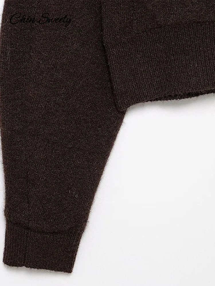 Brown Skirt Suits Knitted O-neck Long Sleeve Metal Button Cardigan High Waist A-line Mini Skirts Spring Lady Outfit