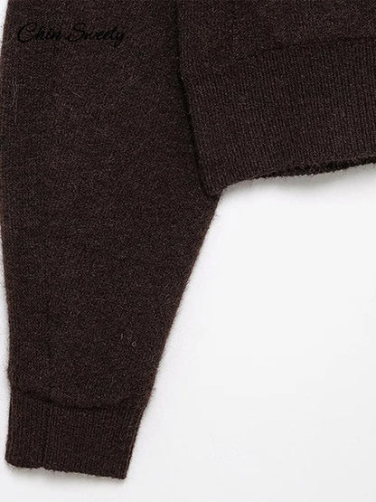 Brown Skirt Suits Knitted O-neck Long Sleeve Metal Button Cardigan High Waist A-line Mini Skirts Spring Lady Outfit