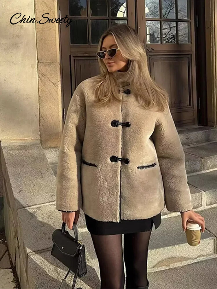 Lambs Wool Jacket for Loose Fleece O-neck Single Breasted Pockets Long Sleeve Fur Coat Autumn Winter Lady Outwear