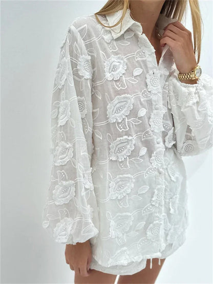 Printed See-through Outfits Female Patchwork Cardigan Shirts and Lace-up High Waist Shorts Sets Autumn 2 Piece-set