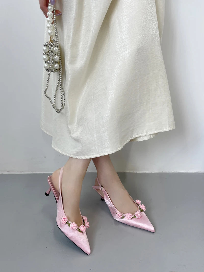Pink High Heels Pointed Toe Slingback Shoes Summer Small Flower Low Heel Office Shoes Black Pumps White Talons Femme