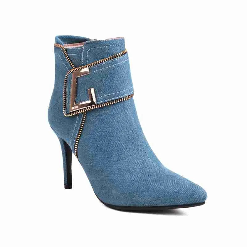 Western Denim Ankle Booties for Pointed Toe Zipper Daily Office High Heels Stilet Boots Autumn Trend New Shoes 3345