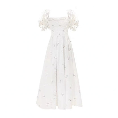 Large Size Summer New Bubble Sleeved Dress With Square Collar, French Kikyo Tea Break Long Skirt