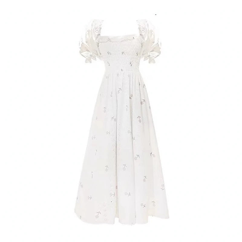Large Size Summer New Bubble Sleeved Dress With Square Collar, French Kikyo Tea Break Long Skirt