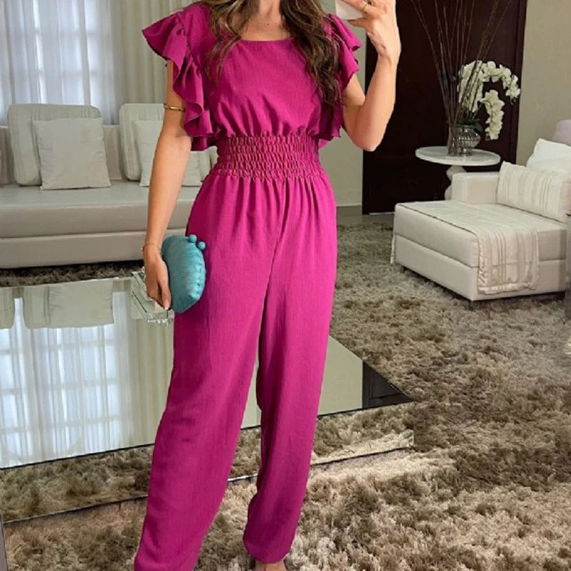 New Commute Ruffles Pencil Pant Playsuits O Neck Color High Street Jumpsuit Short Sleeve High Waist Romper
