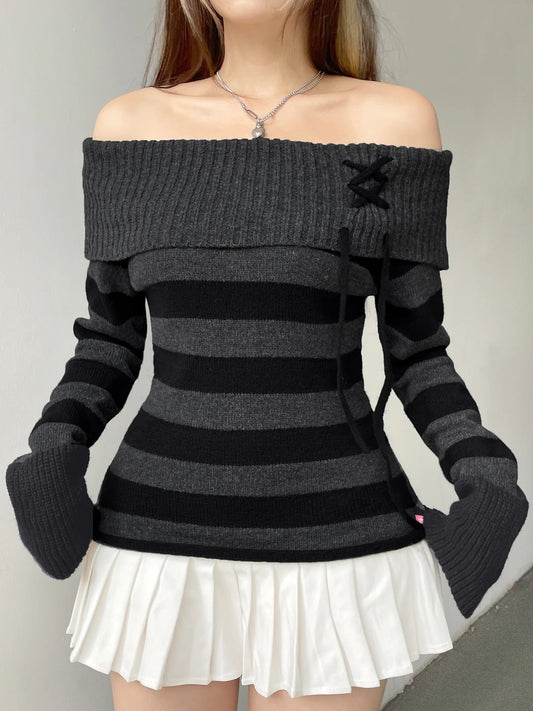 Off Shoulder Slim Knitted Stripe Jumper Lace-up Slash Neck Long Sleeve Sweater Tee Korean Street Knittwear