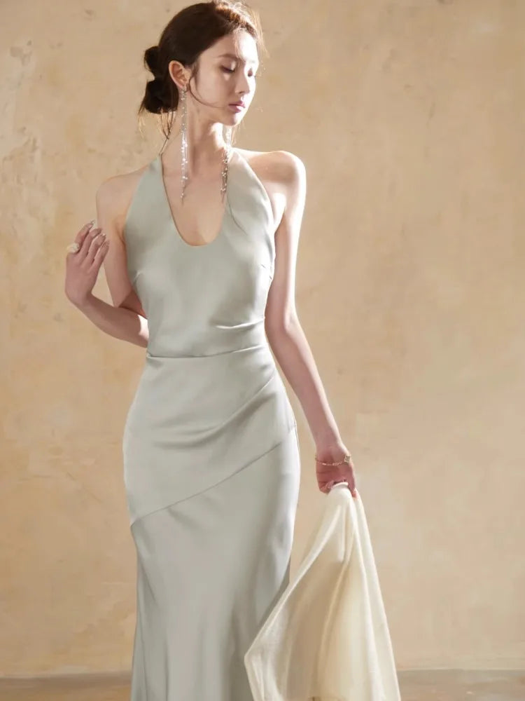 Slim Fit Long Dresses White Cambridge Blue Evening Dresses Spring Neckmounted Backless Mermaid Vestidos