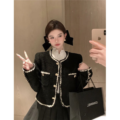 Tweed Jackets Black Cropped Suit Coat Korean Thicken Blazer Single Breasted Short Outerwear Tops New
