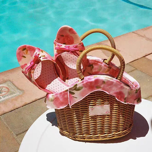 Peep Toe Bow Pink Mules Sweet Round Toe Low Heels Slipon Flower Heart Printed Slippers Summer Rubber Shoes