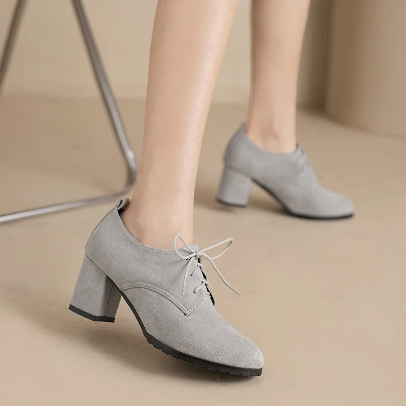 Spring New Retro Pumps Classics Flock Lace Up Office Round Toe Block High Heel Shoes Female Size 3343 Black Brown