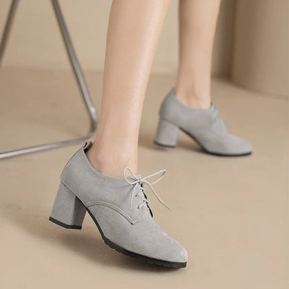 Spring New Retro Pumps Classics Flock Lace Up Office Round Toe Block High Heel Shoes Female Size 3343 Black Brown