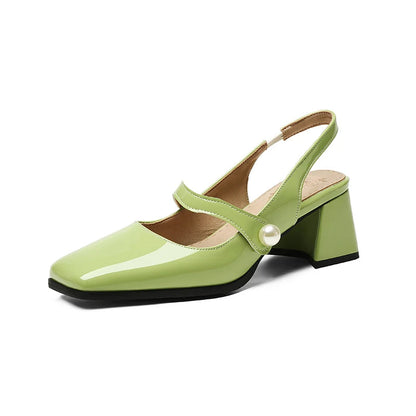 Pumps Slingback Sandals Square Toe Patent Leather Block High Heeled Mary Jane Shoes Gold Silver