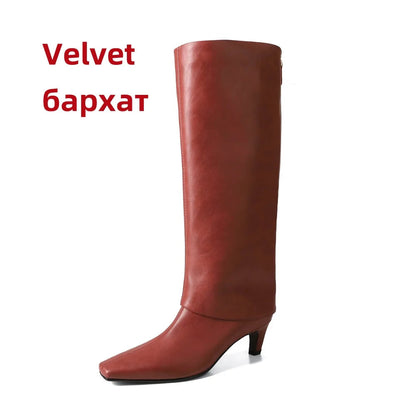 Ins Knee High Boots for Genuine Leather High Heels Winter Shoes Office Lady Long Booties