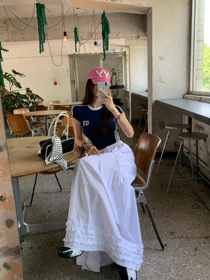 French Style Patchwork Mushroom Edge Split Skirt Summer New Versatile and Personalized Aline Long Skirts