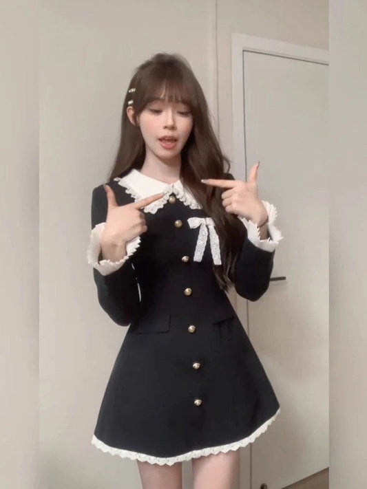 Dresses Peter Pan Collar Lace Patchwork Bow Long Sleeve Mini Dress Spring New