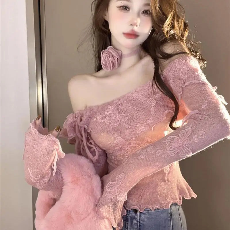 Sweet Hot Girl Flare Sleeved Sweater Autumn and Winter Off Shoulder Slash Neck Knitted Pullover Female Clothes