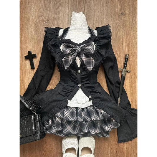 2000s American Suits Design Black Shirts Long Sleeve Cardigan + High Waist Plaid Skirt 3 Piece Suit Korean