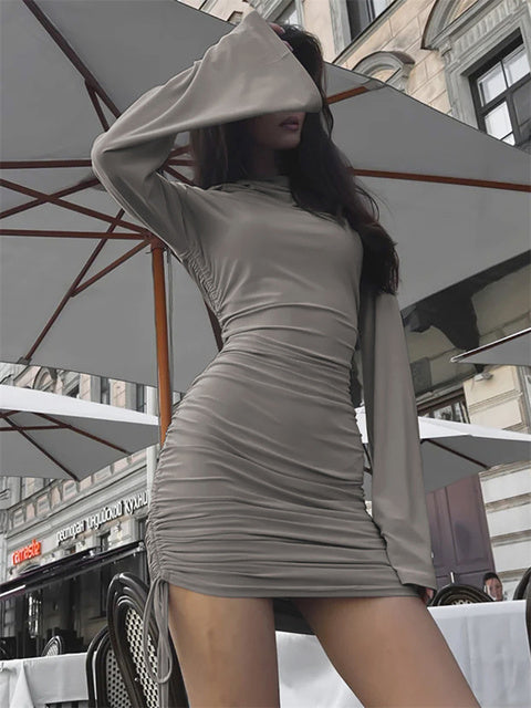 White Hoodie Mini Dress ’s Pleated Slim Long Sleeve Drawstring High Waist Party Dress Female Autumn Dress