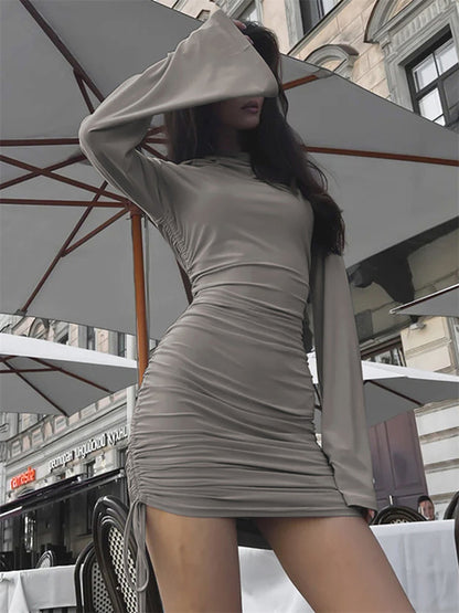 White Hoodie Mini Dress ’s Pleated Slim Long Sleeve Drawstring High Waist Party Dress Female Autumn Dress