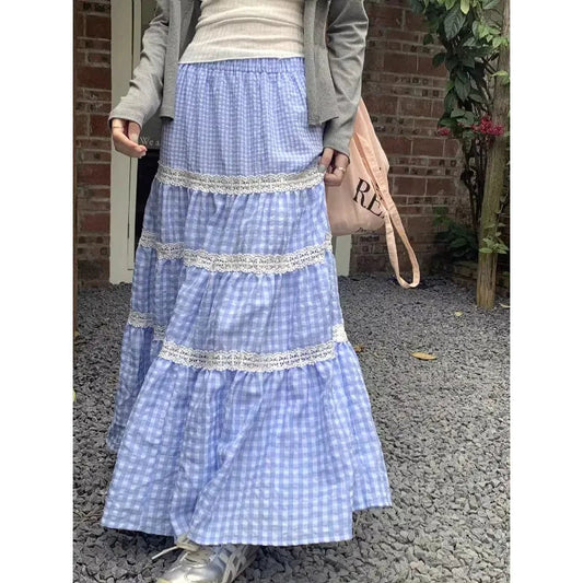 Korean Contrast Color Patchwork Loose Midlength Skirt Summer New High Waist All Match Plaid Aline Skirt