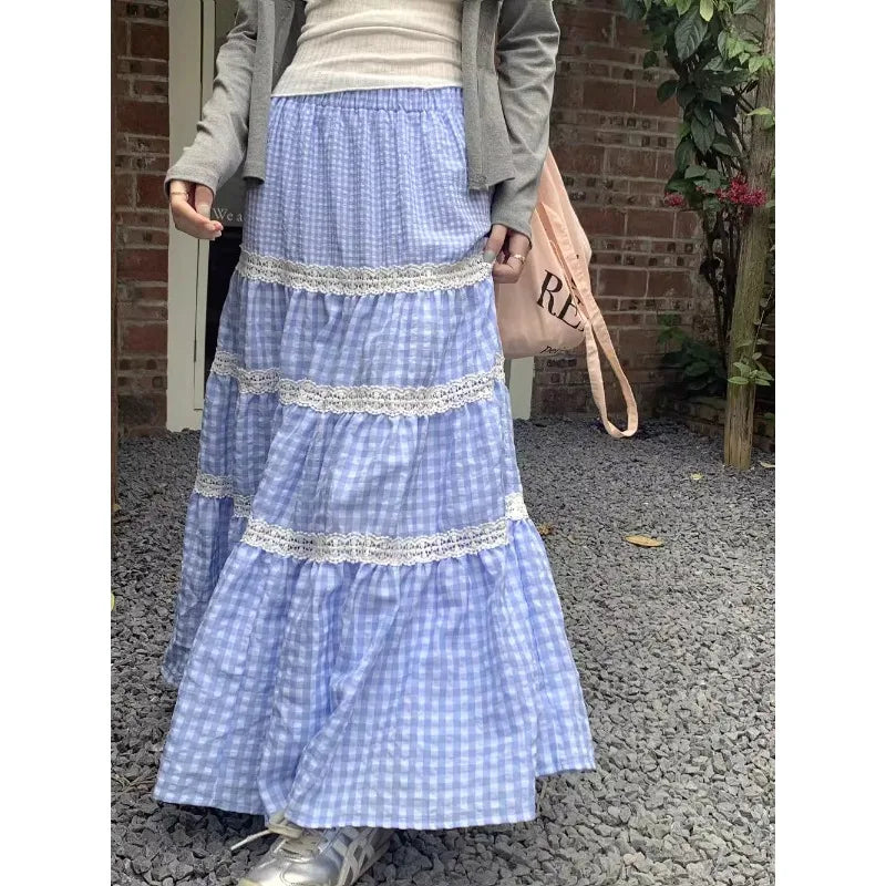 Korean Contrast Color Patchwork Loose Midlength Skirt Summer New High Waist All Match Plaid Aline Skirt