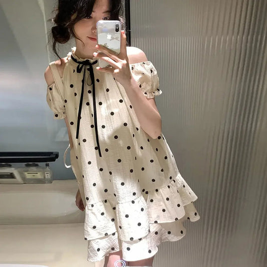 Sweet and Girl's Polka Dot Off Shoulder Princess Doll Dress Summer New Bubble Sleeve Loose Aline Midi Dress for