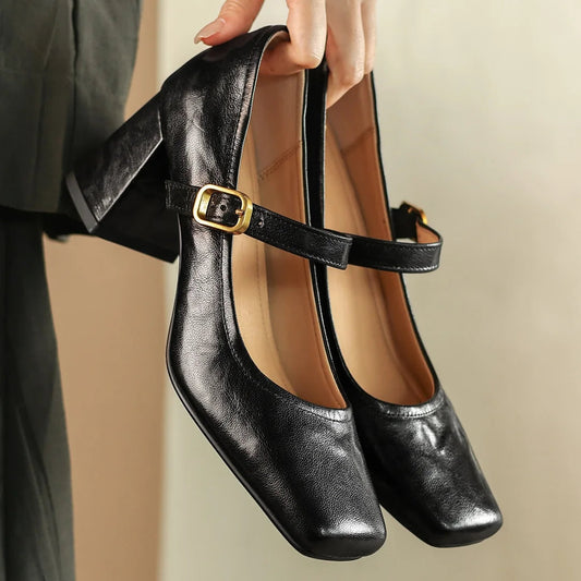 Sheepskin Square Toe Slipon Very Jane Pumps 6.5cm Thick High Heel Evening Dress Heeled Shoes for Woman