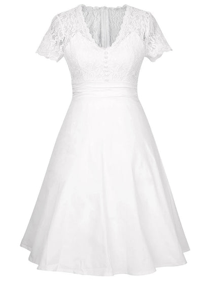 Summer New American Temperament White Lace Dress Stitching Vneck Shortsleeved Party Dresses