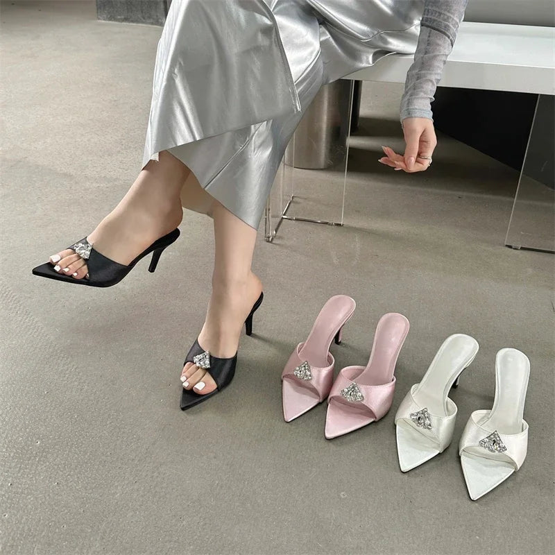 Summer Crystal Diamond Slippers Pointed Toe Shoes Thin Heels Banquet Slides Sandals
