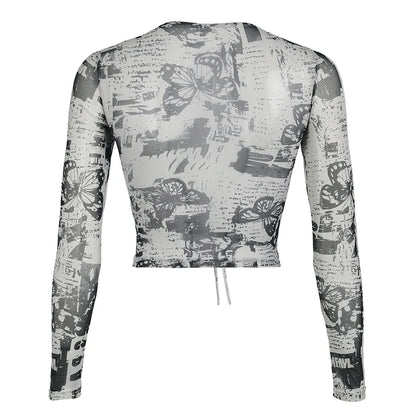 Grunge Mesh Butterfly Print Crop Top See Through Long Sleeve Hollow Out T-shirt Stylish Y2k Street Outfits