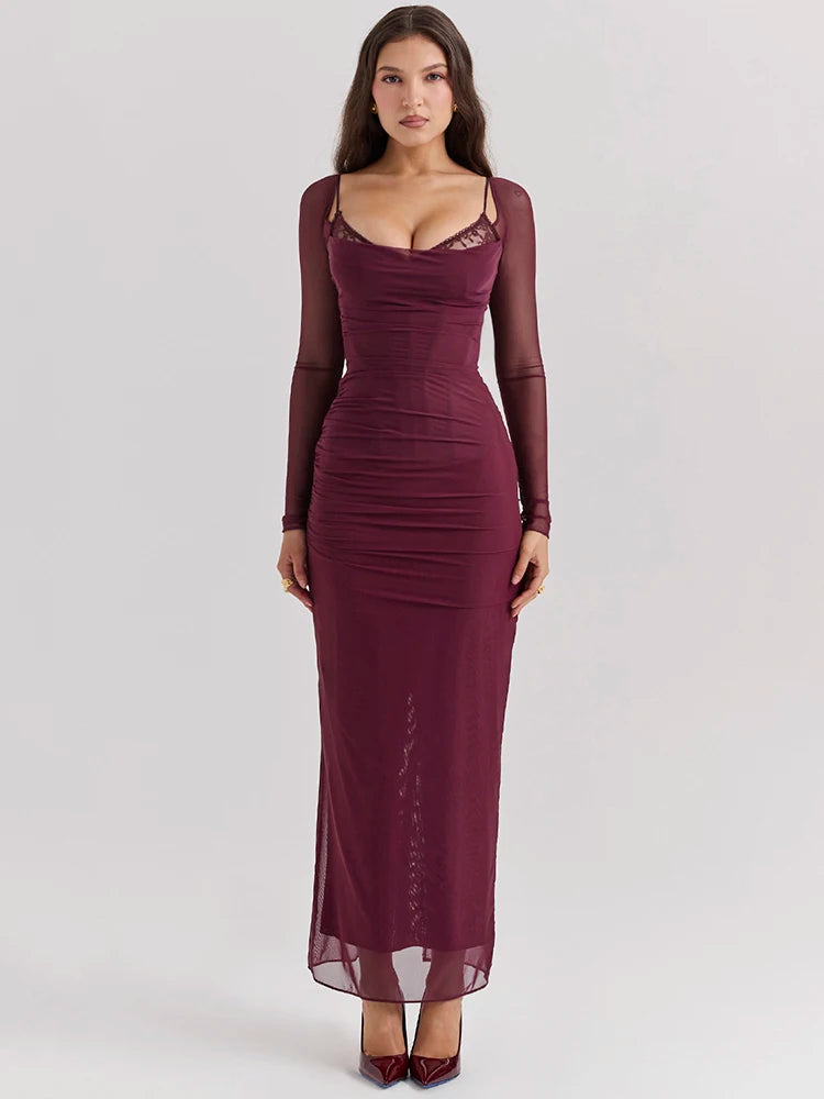 Sheer Long Sleeve Maxi Dress for Mesh Strapless Backless Club Party Long Dress