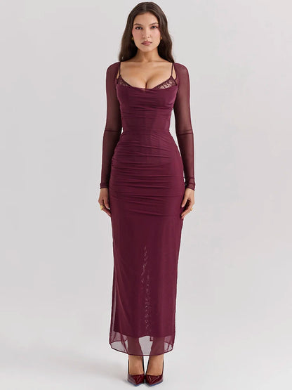 Sheer Long Sleeve Maxi Dress for Mesh Strapless Backless Club Party Long Dress