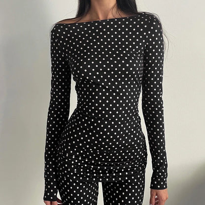 Dot Print Fitted Crop Top Long Sleeve T-shirt Autumn Basic Tees Street Outfits