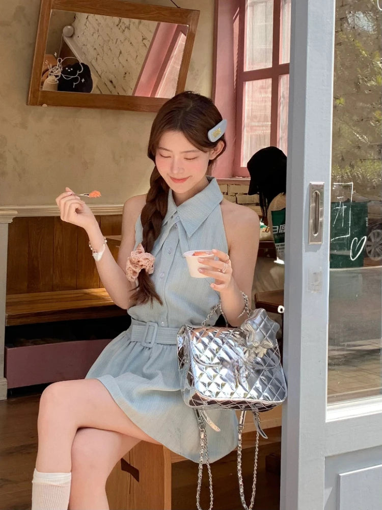 Korean Shirt Dress Sleeveless Office Lady Y2k Mini Dress Clothing Beach Even Party Summer