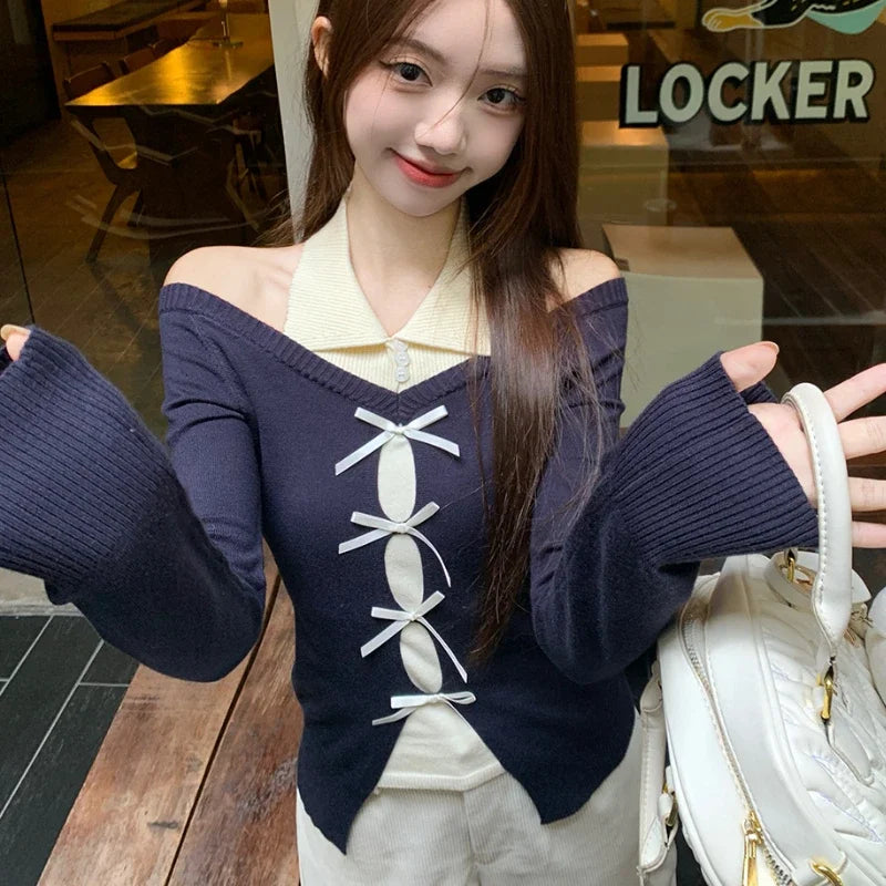 Korean Contrast Color Bow Patchwork Longsleeved Sweater Autumn New Strapless Slim Knitted Tops