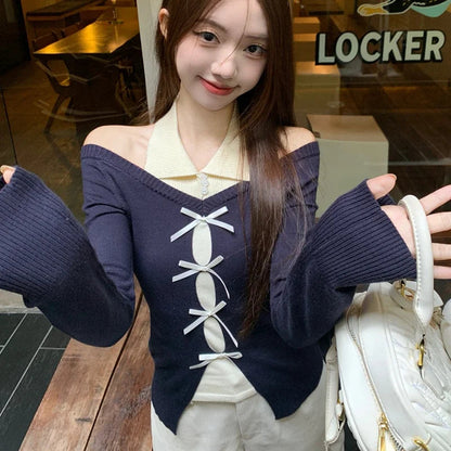 Korean Contrast Color Bow Patchwork Longsleeved Sweater Autumn New Strapless Slim Knitted Tops