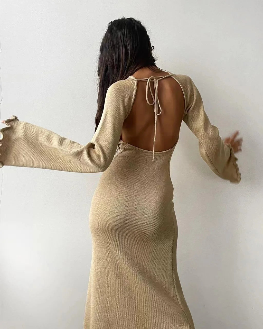 Ribbed Knit Ruffle Trim Long Dress Long Sleeve Bodycon Party Cocktail Dress Flare Summer Beach Cover Up