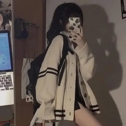 Striped Loose Cardigan Y2k Autumn Winter Single Breasted Sweater Korean Female Knitted Coat