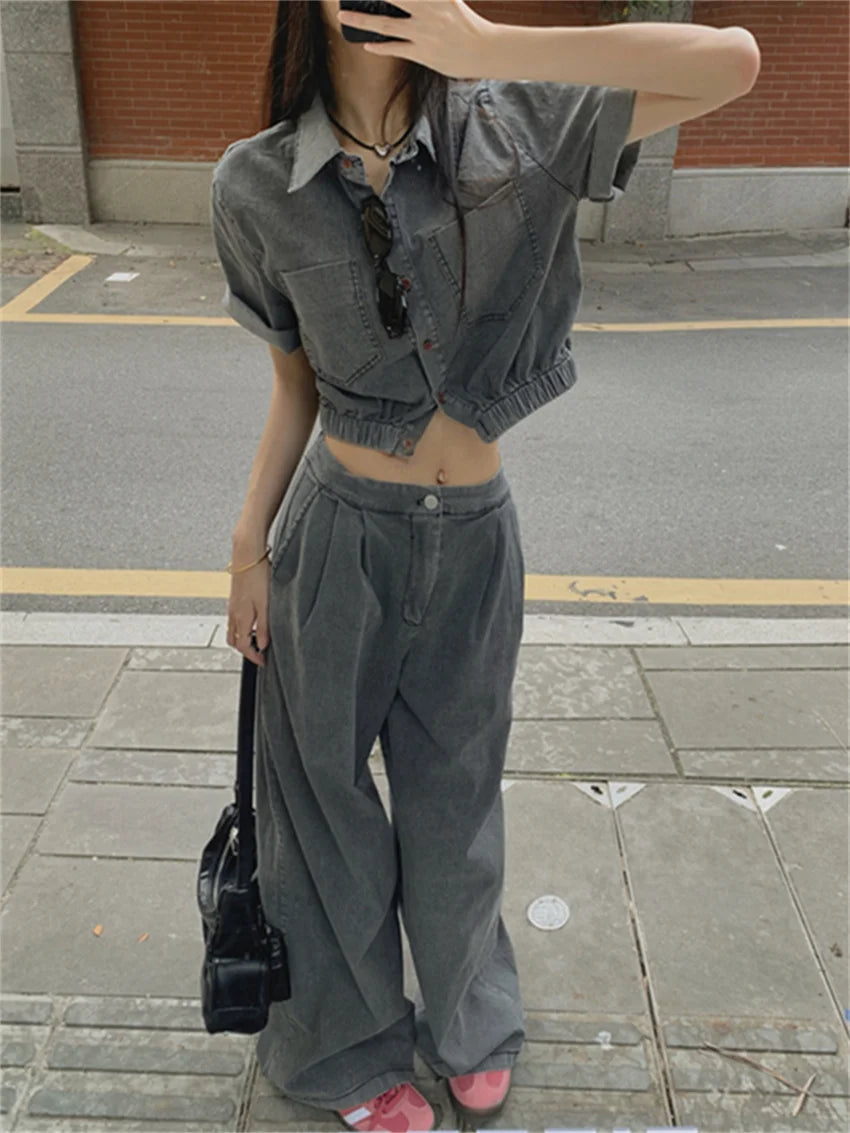 Retro Denim High Street Coats Short Sleeve Slim Mopping Summer New Pants Sets Office Lady All Match