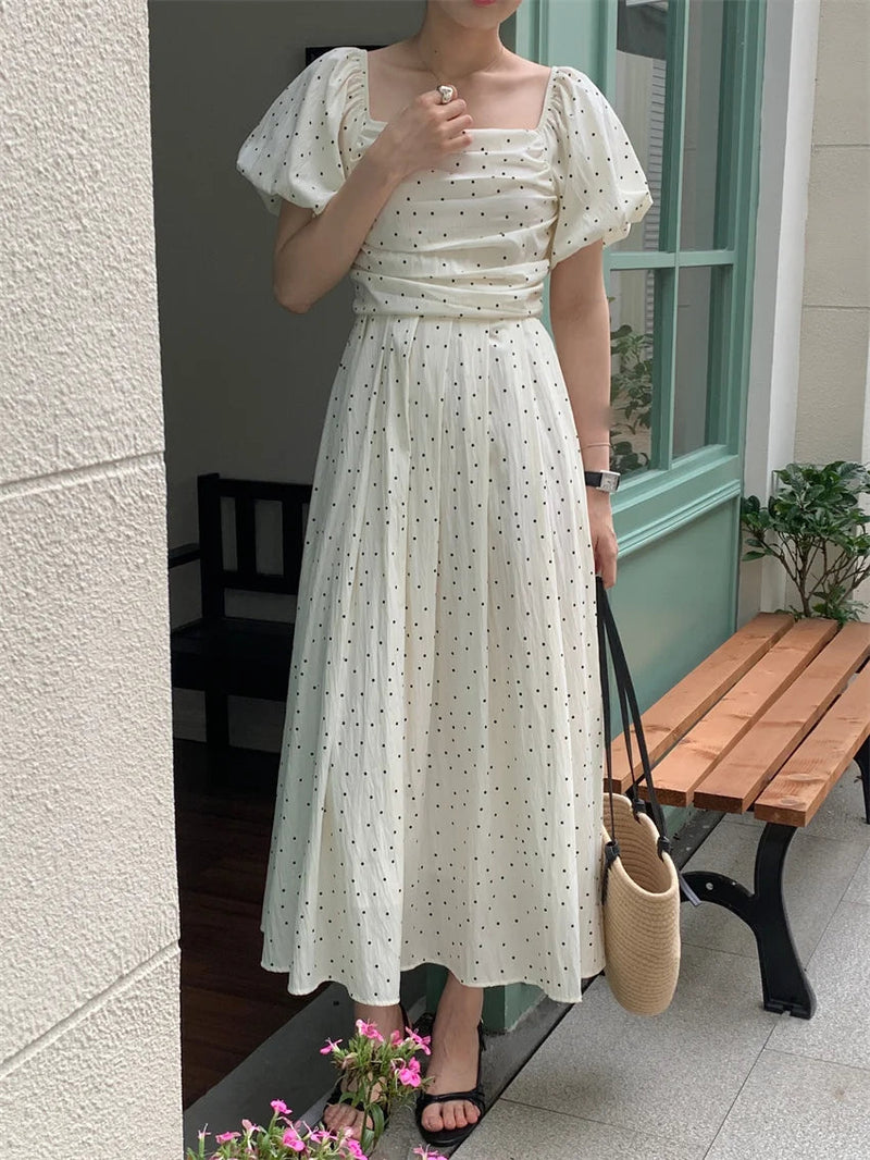 Summer New Polka Dots Maxi Dress Daily Sweet Short Puff Sleeve Office Lady Gentle Vacation