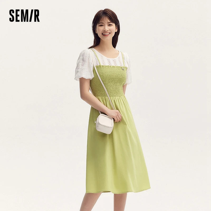Dress Bubble Sleeves Lace Patchwork Faux Two-piece Slim Fit Summer New Fresh Style Round Neck Mid-length Skirt